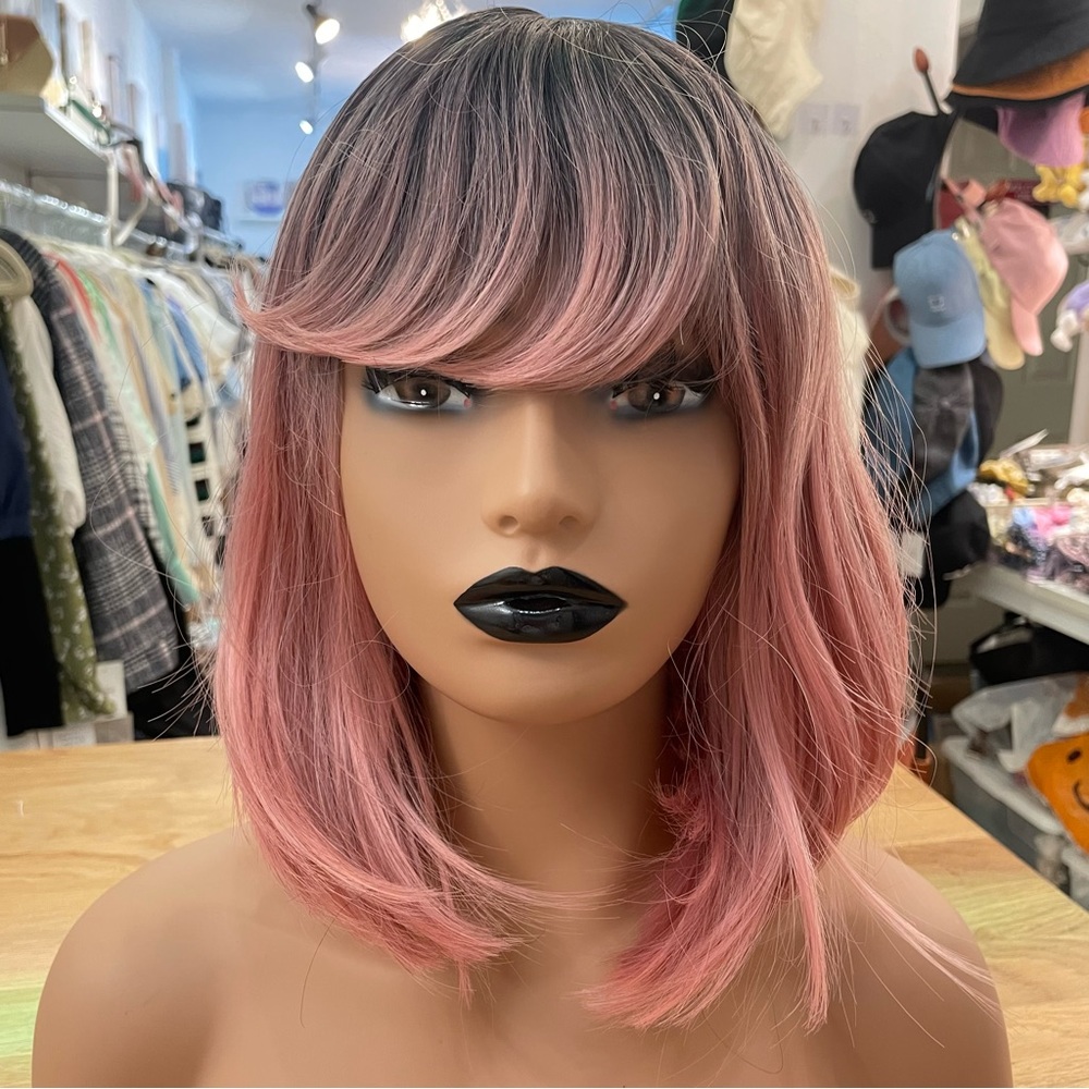 Human hair blend pink with dark root bob wig.